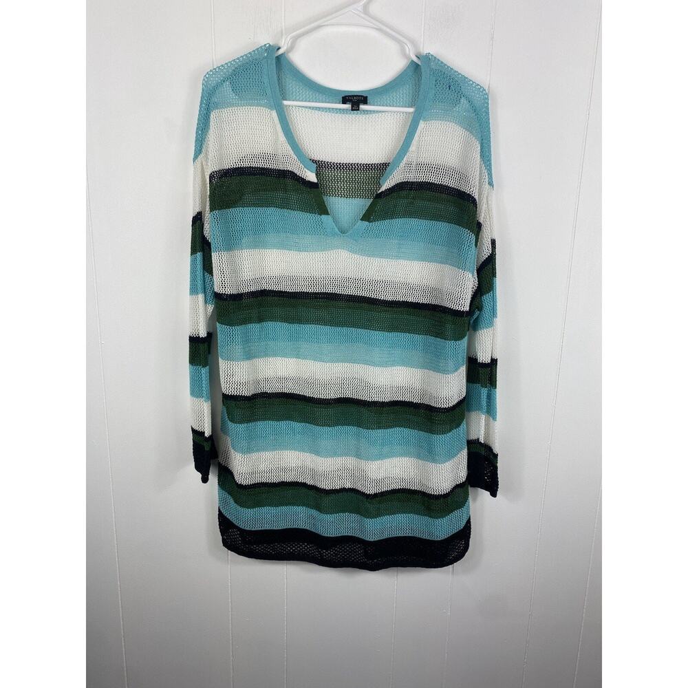 Talbots Mesh Striped Lightweight Sweater Plus Size 1X Linen Blend V-Neck